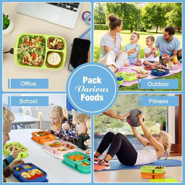 Alt view image 4 of 7 - Bento Lunch Box Containers for Adults & Kids - 3-Compartment Reusable Meal Prep Containers with 2Pc Sauce Containers for School, Work, Travel, Wheat Straw, Set of 4 (Jewel Brights)
