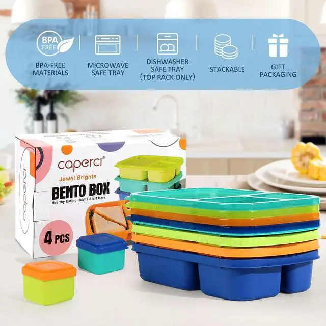 Alt view image 5 of 7 - Bento Lunch Box Containers for Adults & Kids - 3-Compartment Reusable Meal Prep Containers with 2Pc Sauce Containers for School, Work, Travel, Wheat Straw, Set of 4 (Jewel Brights)