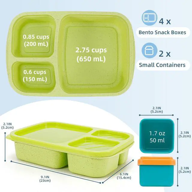 Alt view image 6 of 7 - Bento Lunch Box Containers for Adults & Kids - 3-Compartment Reusable Meal Prep Containers with 2Pc Sauce Containers for School, Work, Travel, Wheat Straw, Set of 4 (Jewel Brights)