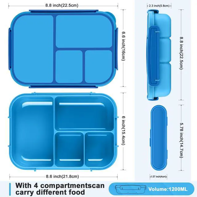 Alt view image 3 of 3 - Lunch Box Kids,Bento Box Adult,Leakproof Lunch Containers for Adults/Kids/Toddler,1200ML-4 Compartments bento Lunch box with Utensil,Microwave & Dishwasher & Freezer Safe (Blue)