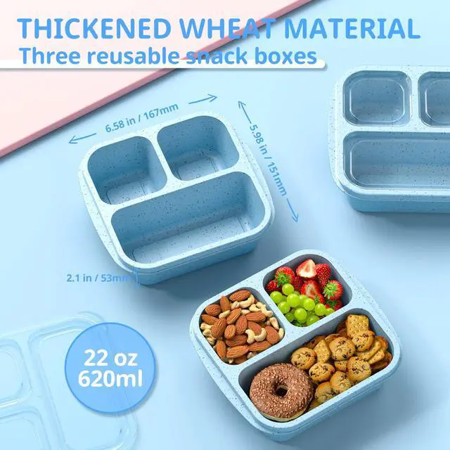 Alt view image 2 of 7 - Snack Boxes (3 Pack) - Stackable Bento Boxes with 3 Compartments, Meal Prep Containers Reusable, Lightweight Lunch Containers for Kids and Adults, BPA Free (Blue)