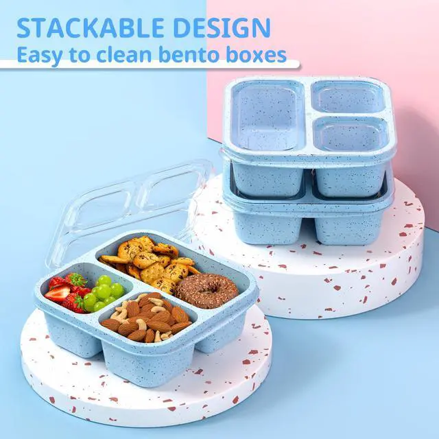 Alt view image 3 of 7 - Snack Boxes (3 Pack) - Stackable Bento Boxes with 3 Compartments, Meal Prep Containers Reusable, Lightweight Lunch Containers for Kids and Adults, BPA Free (Blue)
