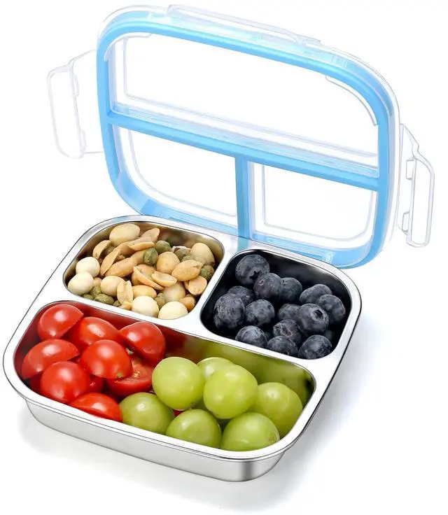 Main image of Stainless Steel Snack Containers, 3 Compartments Reusable on and go Bento Box with Lids for Kids, Lunch Box Pre Meal Storage for Daycare School Outdoor Camping Travel - Blue