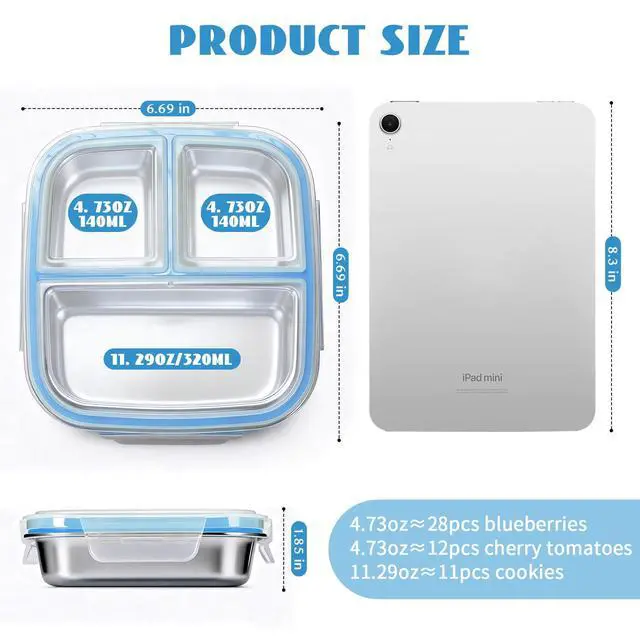 Alt view image 2 of 7 - Stainless Steel Snack Containers, 3 Compartments Reusable on and go Bento Box with Lids for Kids, Lunch Box Pre Meal Storage for Daycare School Outdoor Camping Travel - Blue