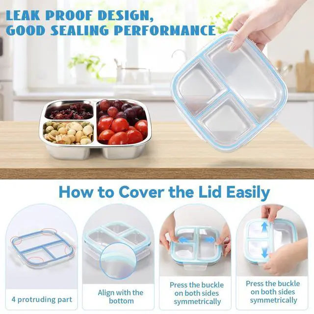 Alt view image 4 of 7 - Stainless Steel Snack Containers, 3 Compartments Reusable on and go Bento Box with Lids for Kids, Lunch Box Pre Meal Storage for Daycare School Outdoor Camping Travel - Blue