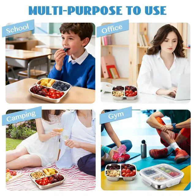 Alt view image 7 of 7 - Stainless Steel Snack Containers, 3 Compartments Reusable on and go Bento Box with Lids for Kids, Lunch Box Pre Meal Storage for Daycare School Outdoor Camping Travel - Blue