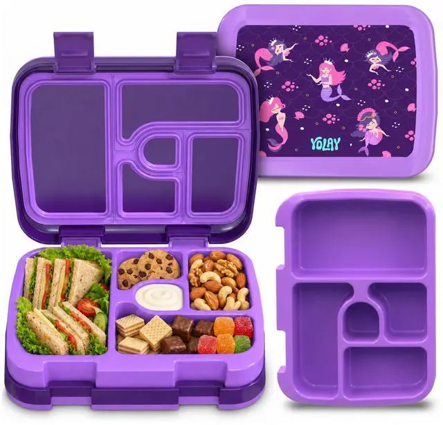 Main image of Bento Box for Kids, 5-Compartment, Mermaid | Leak-proof, rubber-coated edges, Removable inner tray, Microwave safe, Dishwasher safe