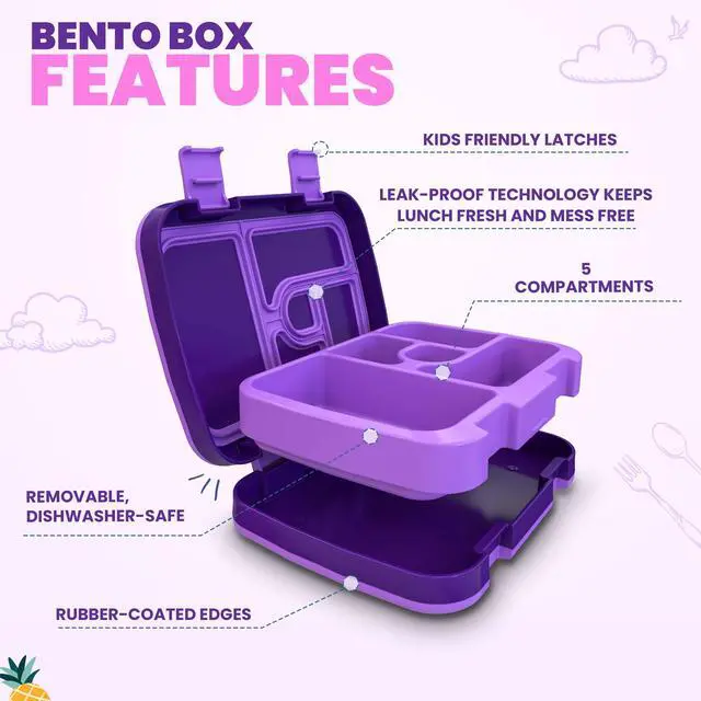Alt view image 3 of 7 - Bento Box for Kids, 5-Compartment, Mermaid | Leak-proof, rubber-coated edges, Removable inner tray, Microwave safe, Dishwasher safe