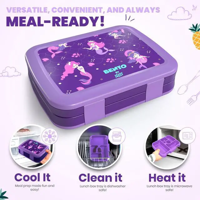 Alt view image 4 of 7 - Bento Box for Kids, 5-Compartment, Mermaid | Leak-proof, rubber-coated edges, Removable inner tray, Microwave safe, Dishwasher safe