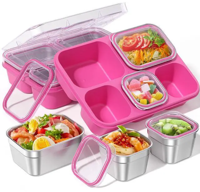Main image of Snackle Box Containers, Stainless Steel 5 Compartments Divided Serving Tray with Lid, Removable LeakProof Portable Bento Box for Fruit Candy Nuts Food - School, Picnic and TravelPink