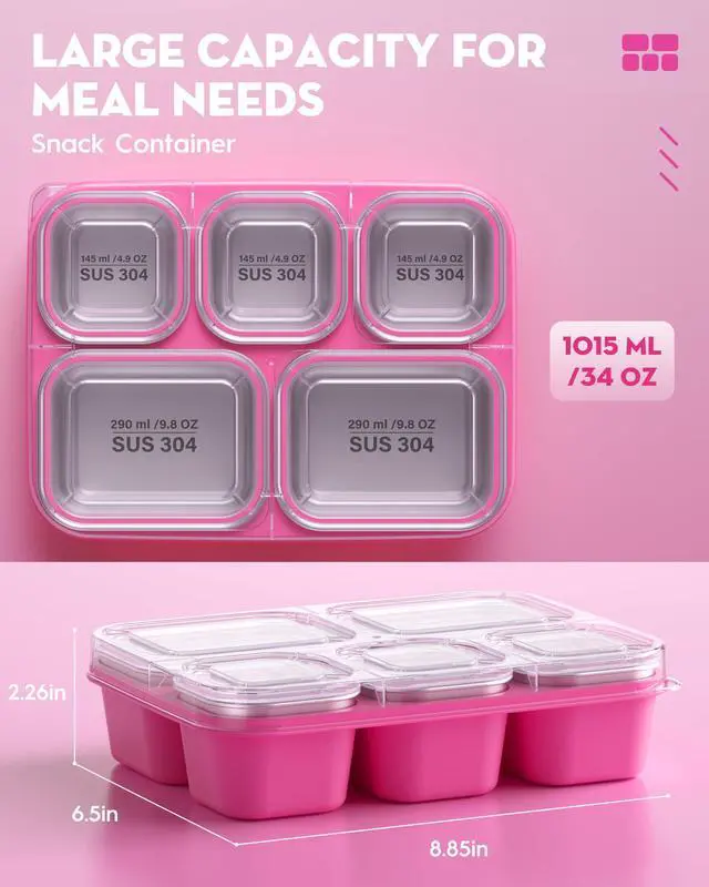 Alt view image 2 of 7 - Snackle Box Containers, Stainless Steel 5 Compartments Divided Serving Tray with Lid, Removable LeakProof Portable Bento Box for Fruit Candy Nuts Food - School, Picnic and TravelPink