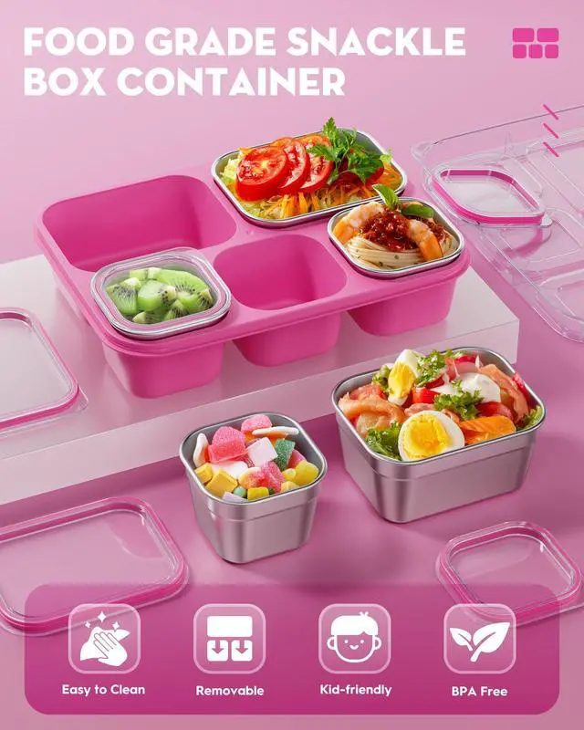 Alt view image 3 of 7 - Snackle Box Containers, Stainless Steel 5 Compartments Divided Serving Tray with Lid, Removable LeakProof Portable Bento Box for Fruit Candy Nuts Food - School, Picnic and TravelPink