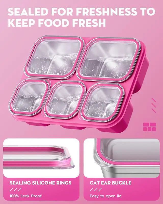 Alt view image 4 of 7 - Snackle Box Containers, Stainless Steel 5 Compartments Divided Serving Tray with Lid, Removable LeakProof Portable Bento Box for Fruit Candy Nuts Food - School, Picnic and TravelPink