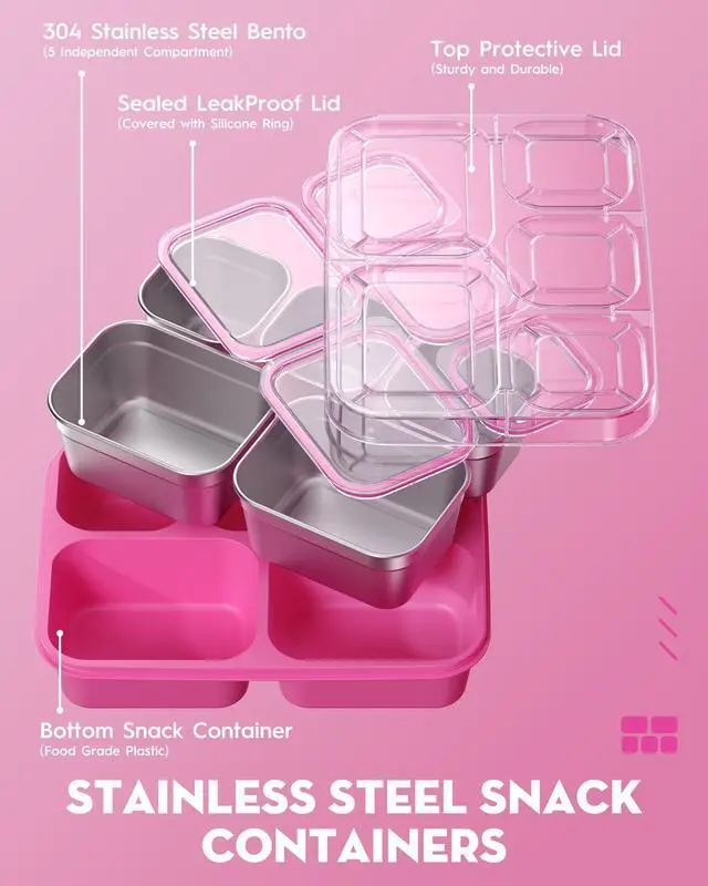 Alt view image 5 of 7 - Snackle Box Containers, Stainless Steel 5 Compartments Divided Serving Tray with Lid, Removable LeakProof Portable Bento Box for Fruit Candy Nuts Food - School, Picnic and TravelPink