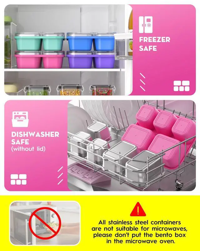 Alt view image 6 of 7 - Snackle Box Containers, Stainless Steel 5 Compartments Divided Serving Tray with Lid, Removable LeakProof Portable Bento Box for Fruit Candy Nuts Food - School, Picnic and TravelPink