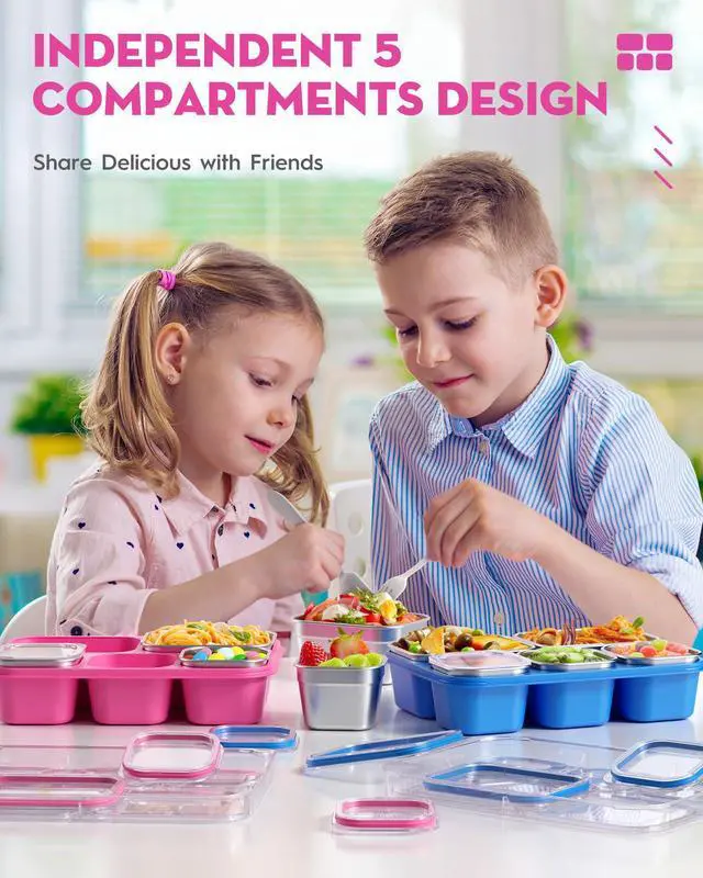 Alt view image 7 of 7 - Snackle Box Containers, Stainless Steel 5 Compartments Divided Serving Tray with Lid, Removable LeakProof Portable Bento Box for Fruit Candy Nuts Food - School, Picnic and TravelPink