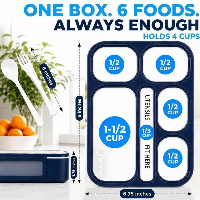 Alt view image 2 of 7 - Bento Lunch Box Snack Containers for Kids Boys Girls Adults, 6 Divided Compartments - School, Daycare, Leak Proof Meal Planning Portion Control, BPA-Free Boxes, Utensils, Navy Blue