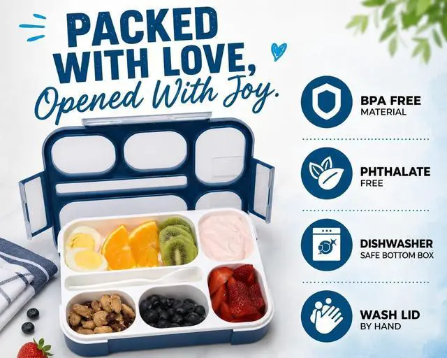 Alt view image 4 of 7 - Bento Lunch Box Snack Containers for Kids Boys Girls Adults, 6 Divided Compartments - School, Daycare, Leak Proof Meal Planning Portion Control, BPA-Free Boxes, Utensils, Navy Blue