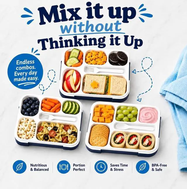 Alt view image 5 of 7 - Bento Lunch Box Snack Containers for Kids Boys Girls Adults, 6 Divided Compartments - School, Daycare, Leak Proof Meal Planning Portion Control, BPA-Free Boxes, Utensils, Navy Blue