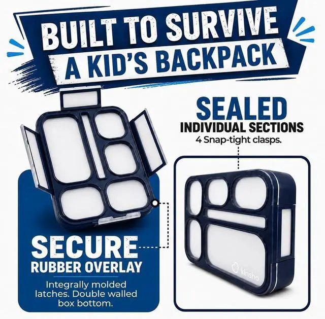 Alt view image 6 of 7 - Bento Lunch Box Snack Containers for Kids Boys Girls Adults, 6 Divided Compartments - School, Daycare, Leak Proof Meal Planning Portion Control, BPA-Free Boxes, Utensils, Navy Blue