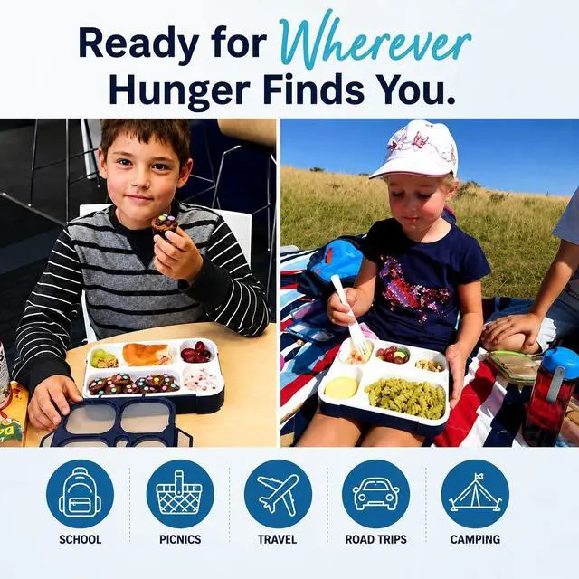 Alt view image 7 of 7 - Bento Lunch Box Snack Containers for Kids Boys Girls Adults, 6 Divided Compartments - School, Daycare, Leak Proof Meal Planning Portion Control, BPA-Free Boxes, Utensils, Navy Blue