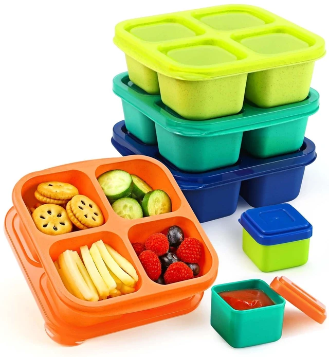 Main image of Lunchable Snack Containers - 4 Pack Bento Snack Boxes | 2 Leakproof Dip Cups, 4-Compartment Reusable Divided Food Containers for School, Work, Travel