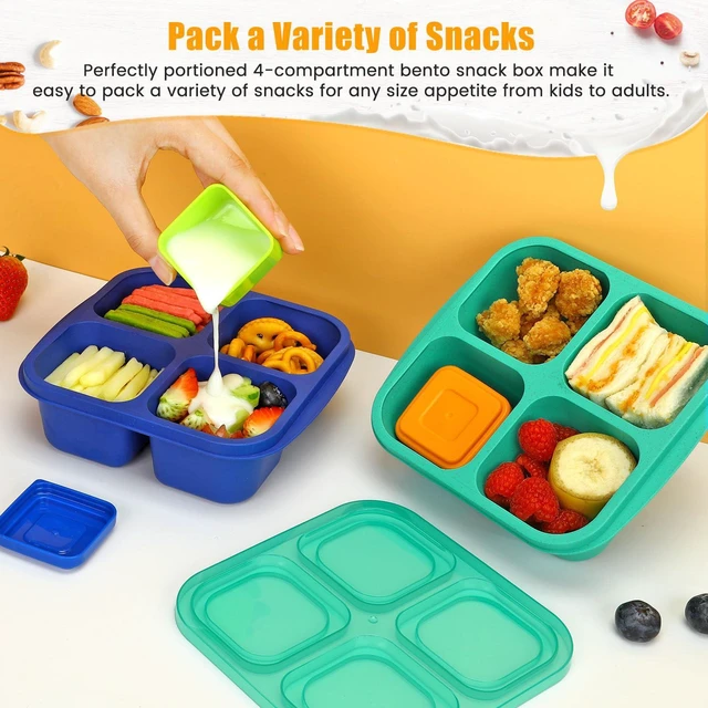Alt view image 3 of 7 - Lunchable Snack Containers - 4 Pack Bento Snack Boxes | 2 Leakproof Dip Cups, 4-Compartment Reusable Divided Food Containers for School, Work, Travel