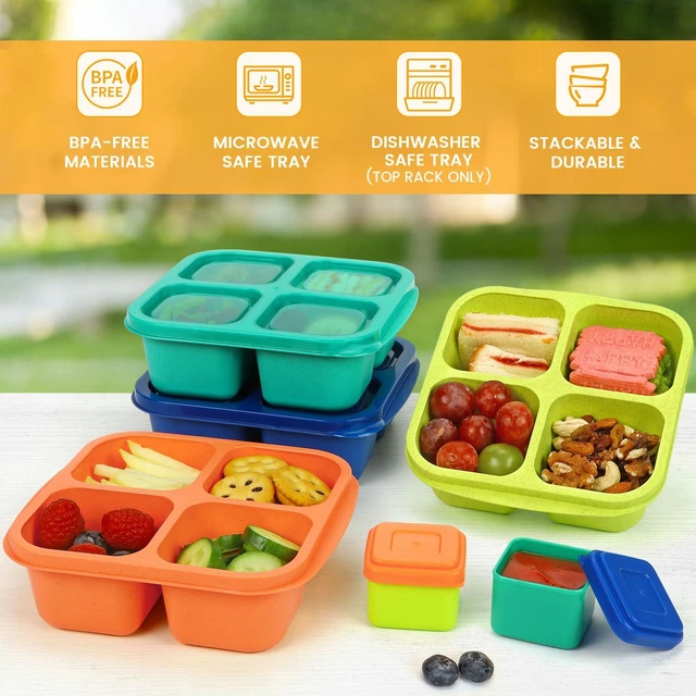 Alt view image 4 of 7 - Lunchable Snack Containers - 4 Pack Bento Snack Boxes | 2 Leakproof Dip Cups, 4-Compartment Reusable Divided Food Containers for School, Work, Travel