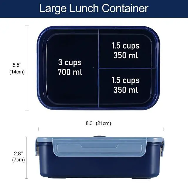 Alt view image 2 of 7 - Classic Bento Box Adult Lunch Box for Older Kids - Leakpoof 47 oz 3-Compartment Containers for Adults and Teens, Built-in Utensil Set, Ideal for On-the-Go Balanced Eating, Navy Blue