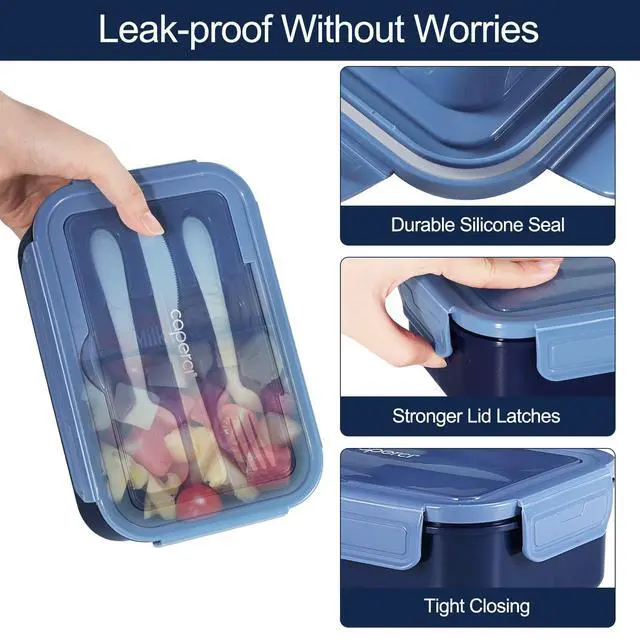 Alt view image 3 of 7 - Classic Bento Box Adult Lunch Box for Older Kids - Leakpoof 47 oz 3-Compartment Containers for Adults and Teens, Built-in Utensil Set, Ideal for On-the-Go Balanced Eating, Navy Blue