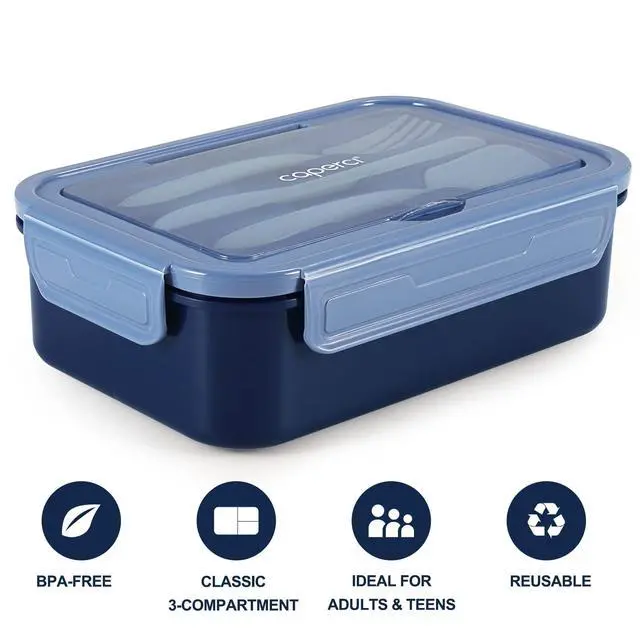Alt view image 5 of 7 - Classic Bento Box Adult Lunch Box for Older Kids - Leakpoof 47 oz 3-Compartment Containers for Adults and Teens, Built-in Utensil Set, Ideal for On-the-Go Balanced Eating, Navy Blue
