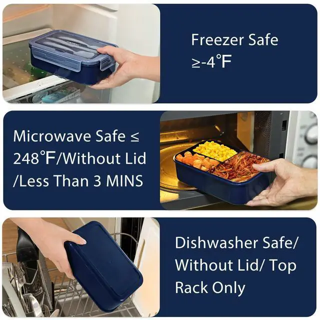 Alt view image 6 of 7 - Classic Bento Box Adult Lunch Box for Older Kids - Leakpoof 47 oz 3-Compartment Containers for Adults and Teens, Built-in Utensil Set, Ideal for On-the-Go Balanced Eating, Navy Blue