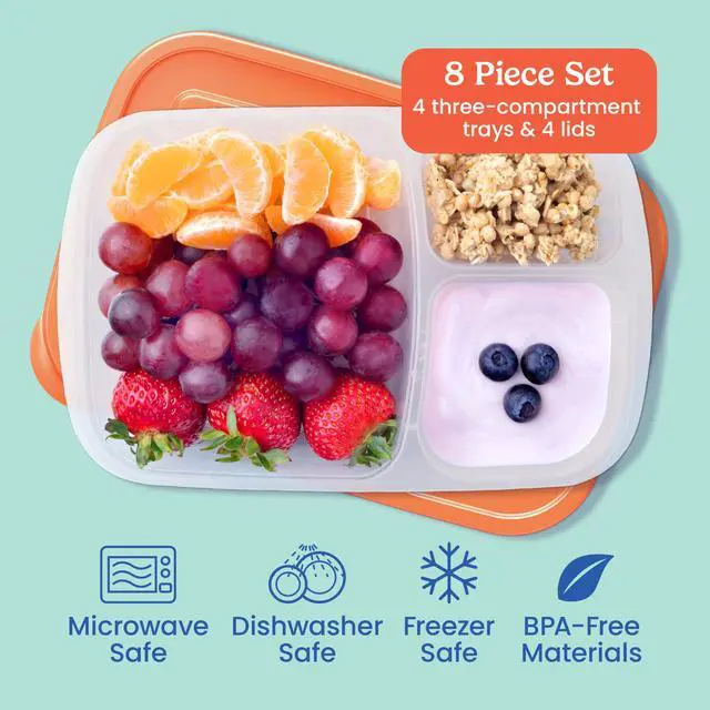 Alt view image 3 of 7 - Easyboxes - Original Stackable Lunch Boxes - Reusable 3-Compartment Food Containers for Kids and Adults - Bento Lunch Box for Meal Prep, School, & Work - BPA Free, Set of 4 (Classic)