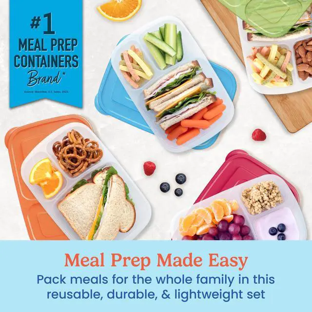 Alt view image 2 of 7 - Easyboxes - Original Stackable Lunch Boxes - Reusable 3-Compartment Food Containers for Kids and Adults - Bento Lunch Box for Meal Prep, School, & Work - BPA Free, Set of 4 (Classic)