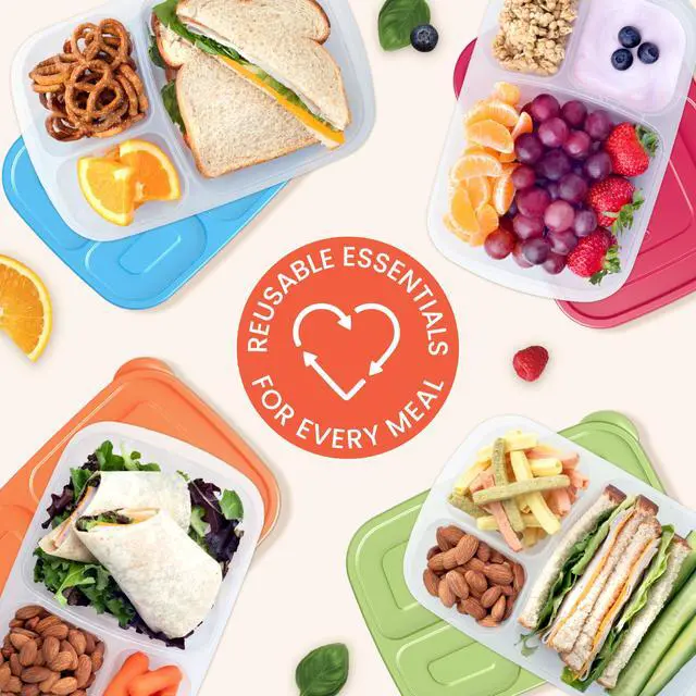 Alt view image 7 of 7 - Easyboxes - Original Stackable Lunch Boxes - Reusable 3-Compartment Food Containers for Kids and Adults - Bento Lunch Box for Meal Prep, School, & Work - BPA Free, Set of 4 (Classic)