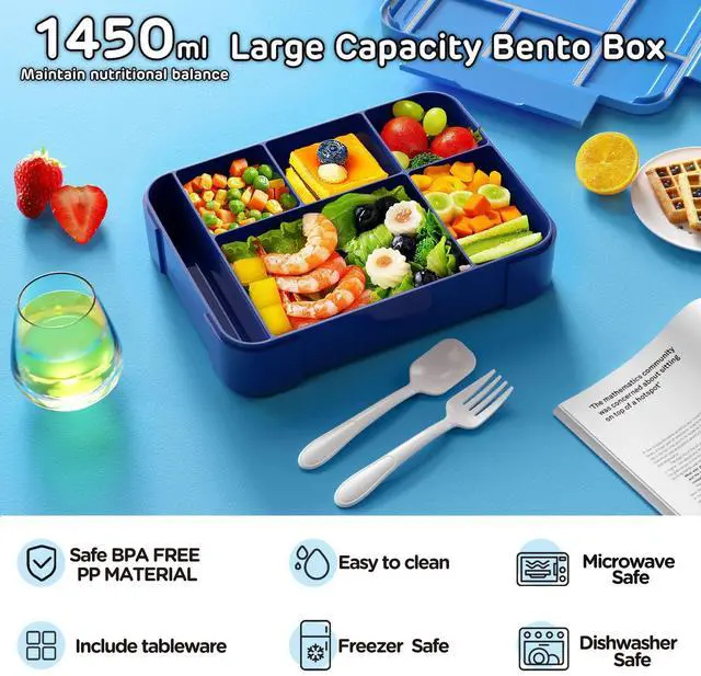 Alt view image 2 of 7 - Bento Lunch Box for Kids - 1450ml Leakproof Kids Bento Box 6 Compartments Toddler Lunch boxes with Silverware for Back to School, Reusable LunchBox Snack Container for Daycare