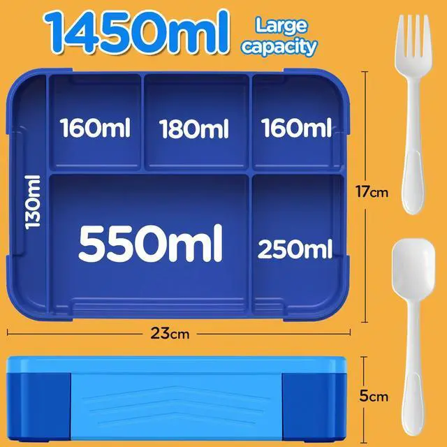 Alt view image 5 of 7 - Bento Lunch Box for Kids - 1450ml Leakproof Kids Bento Box 6 Compartments Toddler Lunch boxes with Silverware for Back to School, Reusable LunchBox Snack Container for Daycare