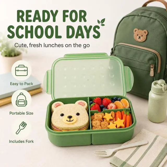 Alt view image 2 of 7 - Bento Lunch Box for Kids, 1150ml, 3 Compartments, Matcha Green | Matcha green kids bento lunch box for school meals, daycare snacks, light lunch, picnic, and travel.