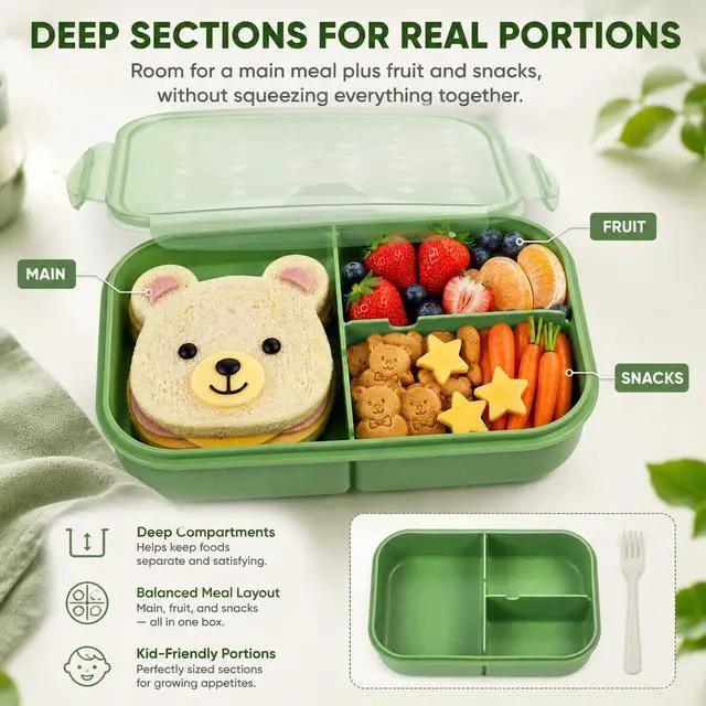 Alt view image 3 of 7 - Bento Lunch Box for Kids, 1150ml, 3 Compartments, Matcha Green | Matcha green kids bento lunch box for school meals, daycare snacks, light lunch, picnic, and travel.