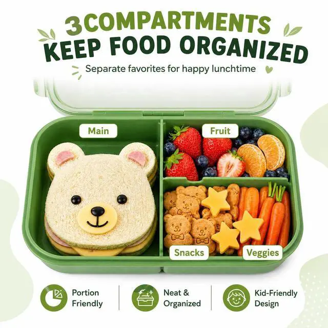 Alt view image 4 of 7 - Bento Lunch Box for Kids, 1150ml, 3 Compartments, Matcha Green | Matcha green kids bento lunch box for school meals, daycare snacks, light lunch, picnic, and travel.