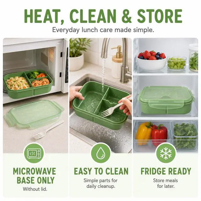 Alt view image 7 of 7 - Bento Lunch Box for Kids, 1150ml, 3 Compartments, Matcha Green | Matcha green kids bento lunch box for school meals, daycare snacks, light lunch, picnic, and travel.