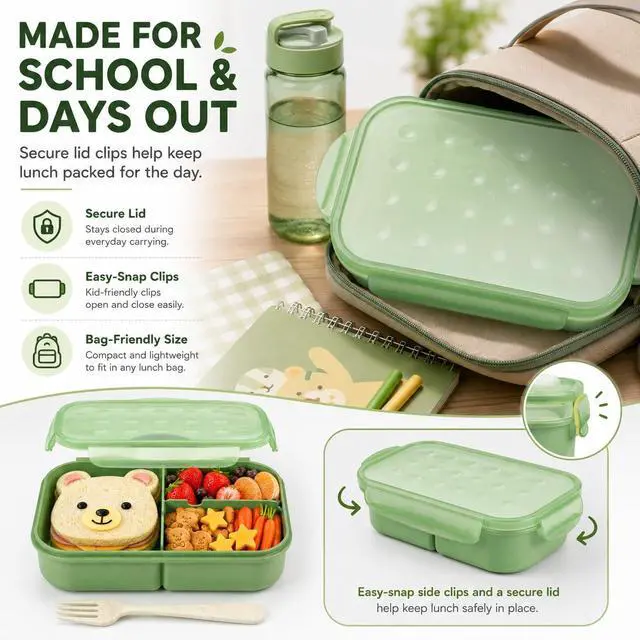 Alt view image 5 of 7 - Bento Lunch Box for Kids, 1150ml, 3 Compartments, Matcha Green | Matcha green kids bento lunch box for school meals, daycare snacks, light lunch, picnic, and travel.
