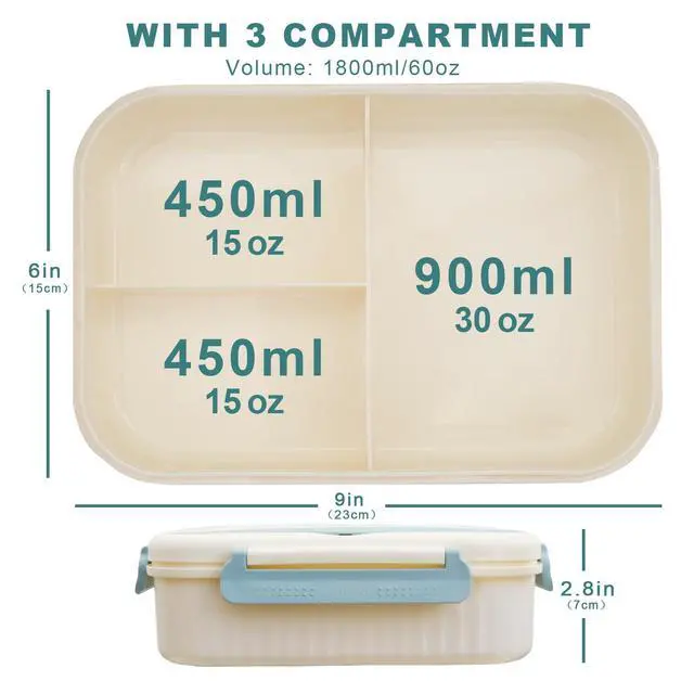 Alt view image 3 of 7 - Bento Box Adult Lunch Box, Lunch Containers for Kids Children with 3 Compartments, 1800 ML Bento Lunch Box with Spoon & Fork, Microwave & Dishwasher Safe, BPA-Free and Food-Safe Materials(Blue)