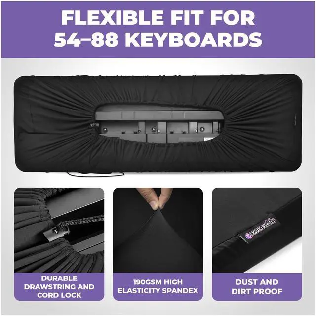 Alt view image 3 of 5 - Piano Keyboard Cover, Keyboard Dust Cover for 88 Keys | Electric Digital Case Protector Cloth with High Elasticity Spandex and Cord Lock for Musical Instrument and Accessories