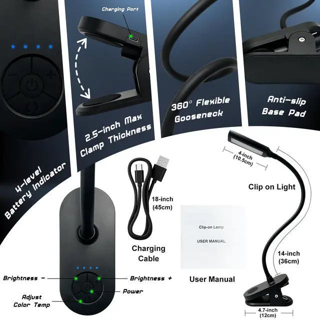 Alt view image 7 of 7 - Clip on Light, Desk Lamp with Clamp for Bed, Home Office, Craft (Black) | Cordless LED Reading Light with 3500mAh Rechargeable Battery, 3 Color Modes, 10 Brightness Levels, 14-inch Adjustable Neck