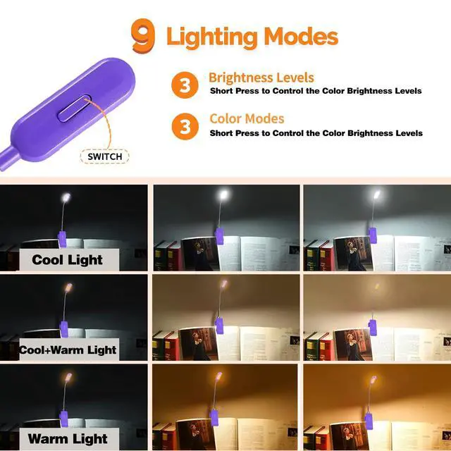 Alt view image 3 of 6 - Rechargeable Book Light for Reading in Bed Kids, 7 LED Reading Light with 9-Level Warm Cool White Daylight, Eye Care Lamp with Power Indicator for Bookworms (Dark Purple)