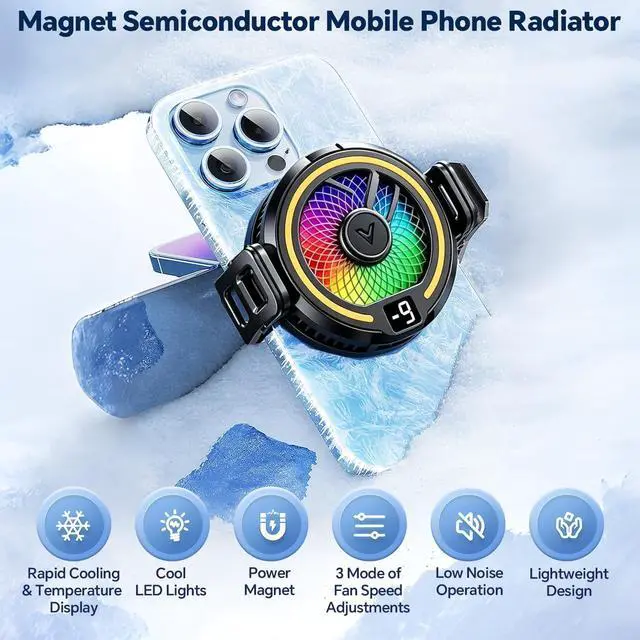 Alt view image 3 of 5 - Magnetic & Clip-on Semiconductor Phone Cooler w/RGB & Finger Sleeves | Phone Cooling Fan Portable Lightweight Mobile, Phone Radiator with Larger Cooling Area for Phone/Tablet/iPad