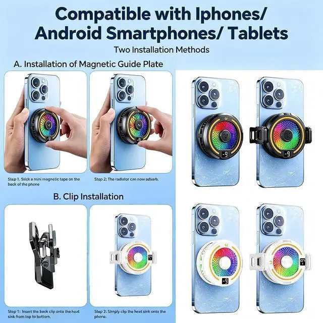 Alt view image 5 of 5 - Magnetic & Clip-on Semiconductor Phone Cooler w/RGB & Finger Sleeves | Phone Cooling Fan Portable Lightweight Mobile, Phone Radiator with Larger Cooling Area for Phone/Tablet/iPad