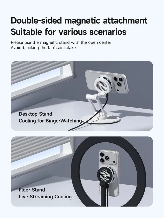 Alt view image 4 of 7 - Magnetic Cell Phone Cooler, Double-Sided Magnetic Semiconductor Cooling Fan, No Noise Radiator for iPhone 17 16 15 Pro Max, Android, Tablet (White Without PD)