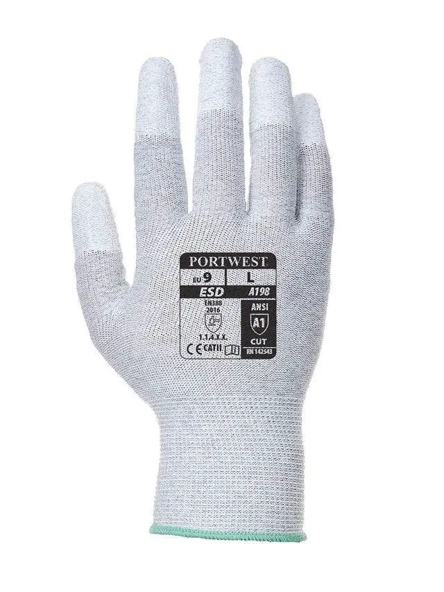 Alt view image 3 of 3 - A198 Antistatic Safety Glove with PU Non Slip Fingertip Coating ANSI, Medium